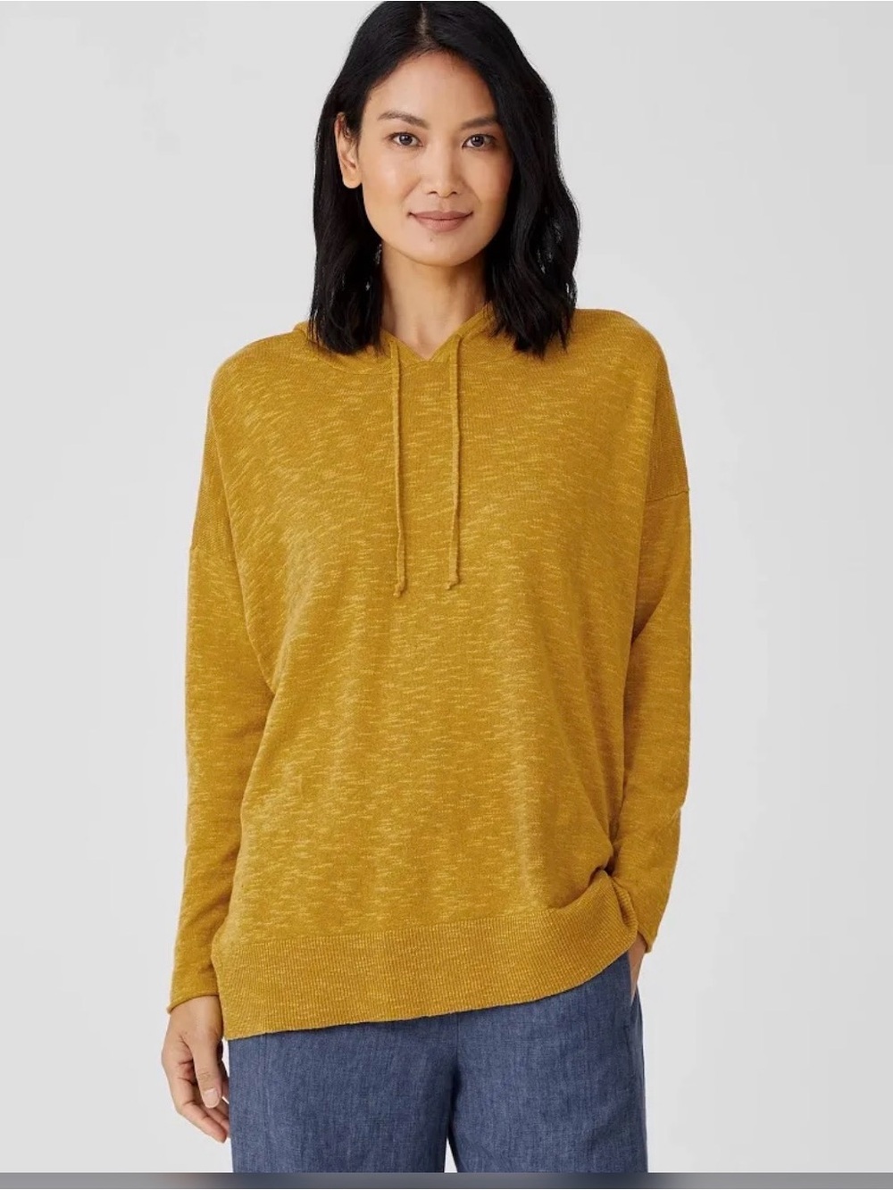 Eileen Fisher Organic Cotton Linen Slub Knit Hoodie Sweater L Mustard